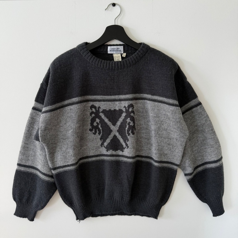 Collection International Mens Vintage Made in Italy Crest Knit Sweater Grey M